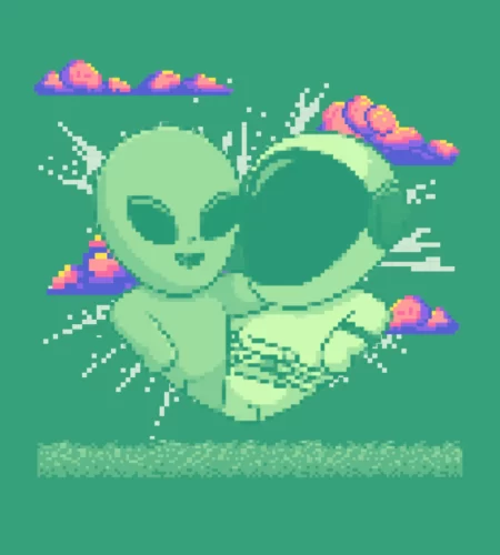 Ilustrasi pixel tentang persahabatan alien dan astronaut