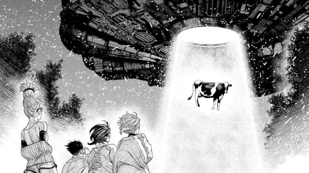 Salah satu cuplikan adegan di serial manga Dan Da Dan ketika Momo dan beberapa kerabatnya bertemu UFO.